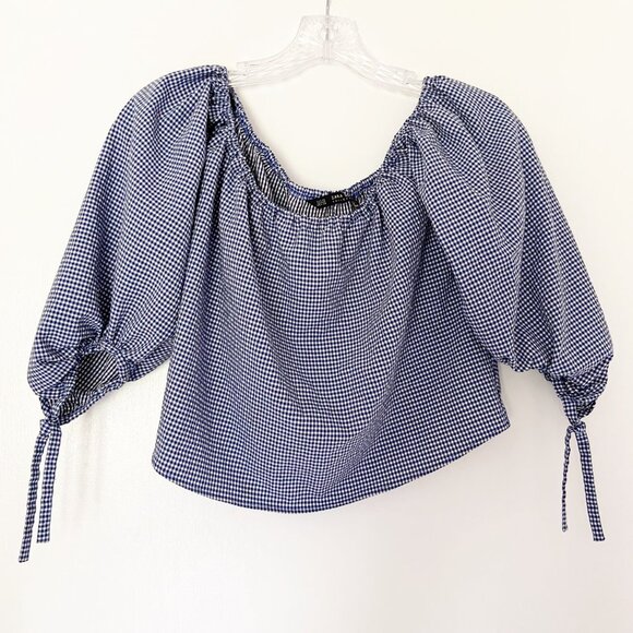 Zara Blue Gingham Off the Shoulder Cropped Blouse - Picture 1 of 6